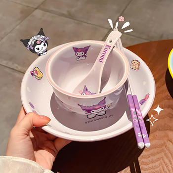 Miss yuka sanrio bowls and plates tableware set kuromi bowls and plates for one person, home dormitory girls special children's eating bowls kuromi - 4-piece set for 1 person