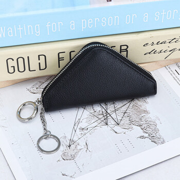 Sharelove genuine leather simple triangle key bag unisex multifunctional car key bag protective cover mini zipper black