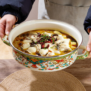 Yupinjia enamel basin old-fashioned pickled fish basin with lid household binaural large boiled fish spicy soup bowl lard basin enamel pickled fish large basin bowl