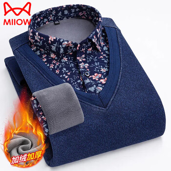 Miiow winter men's velvet thickened fake two-piece printed shirt collar pullover sweater warm sweater for men tibetan floral 9901 v-neck/velvet thickened l 100-125 catties
