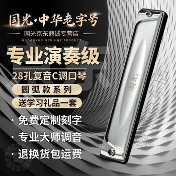Guoguang shanghai 28-hole accented harmonica adult professional performance level polyphonic c key wide range beginners entry level - polyphonic silver + full set of self-study gifts