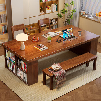 Hui xun went to the living room to transform the large long desk into a simple study table, a solid wood large table, a dining table, a desk, an integrated workbench, a reading table, fas grade rubber wood, no veneer, walnut color #desk, 140cm*80cm*75cm, desktop thickness 6.5cm