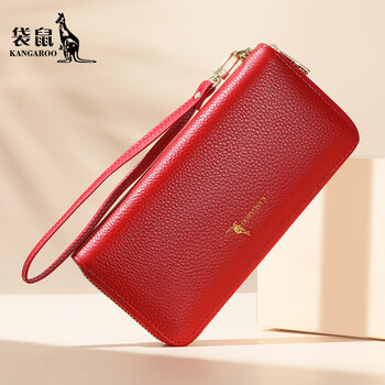 Kangaroo (kangaroo) women's wallet long large capacity card holder integrated zipper clutch genuine leather zipper clutch light luxury birthday gift elegant red