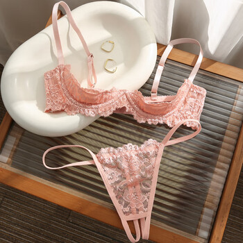 Magnificent sexy lace bra set pure lust style hollow bra three-point bra for women with quarter cup pink (bra + panties) s m