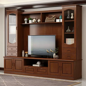Chen fei chinese solid wood tv cabinet combination wall cabinet modern simple living room wine cabinet bookcase integrated multi-functional video wall cabinet 2.4 meters long walnut color 2 meters high 43 cm wide