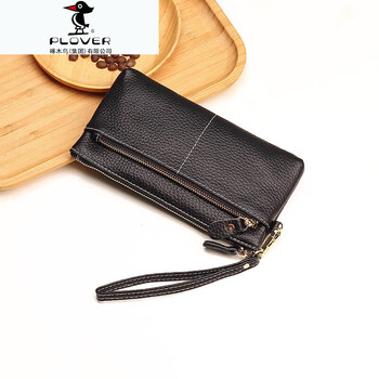 Plover genuine leather 2025 new women's wallet zipper large capacity long hand small handbag women can put mobile phone coin purse black