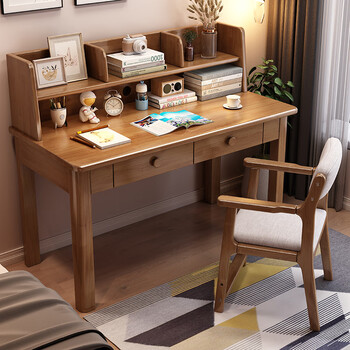 Meiyixuan solid wood desk small apartment bookshelf integrated simple primary and secondary school student writing desk bedside bedroom study computer desk walnut color # single desk with bookshelf 70cm*60cm*115cm