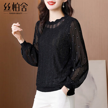Sibaishe mesh splicing bottoming shirt 2025 autumn new style fashionable round neck temperament western top