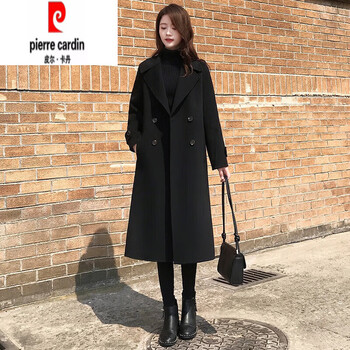Pierre cardin black hepburn style double-sided wool coat for women high-end wool mid-length 2025 autumn and winter new wool coat black l