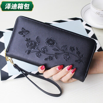 Yunluo qixi women's clutch wallet women's long rose zipper large capacity wallet mobile phone bag rose-black