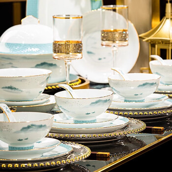 Yitongtang jingdezhen high-end white porcelain underglaze color tableware set chinese style light luxury bowl and plate set household ceramic housewarming gift high temperature underglaze color | leather case | 110-piece set