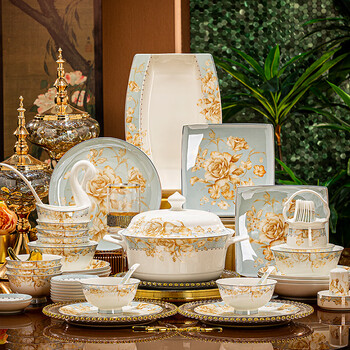 Yangqintang jingdezhen 2025 new bowl and dish set household high-end bone china tableware bowl and plate set for moving into a new home, practical 56-piece set in the mood for love
