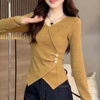 Mrs. yuan's american retro v-neck long-sleeved t-shirt for women's spring and autumn outer wear, slim waist, slimming, western style design, irregular top, coffee yellow, spring and autumn preferred m, recommended 96-105 pounds