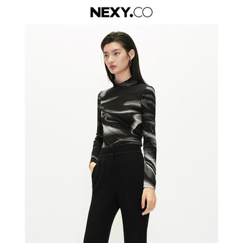 Nexy.co/nexy 2025 new autumn style temperament stand-up collar slim carved printed two-wear pullover long-sleeved top for women black l