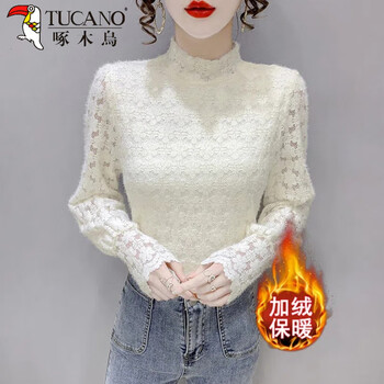 Woodpecker half-high collar plus velvet thickened lace bottoming shirt for women, fashionable inner shirt, 2025 autumn and winter fashionable temperament top, 2227 whole body apricot (sleeves are plush) plus velvet 2xl