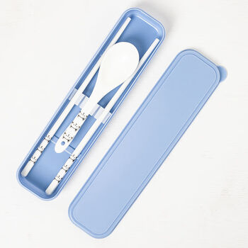 Korean ceramic chopsticks, spoons, portable tableware set, three-piece storage box for students and office workers, gray cat ceramic spoons and chopsticks set