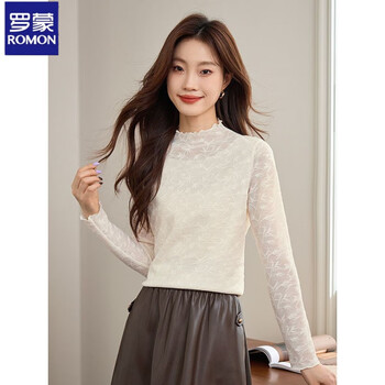 Luo meng light chinese lace bottoming shirt half turtleneck t-shirt 2025 spring and autumn new long-sleeved inner slim shirt top crescent color m (recommended 85-100 pounds)