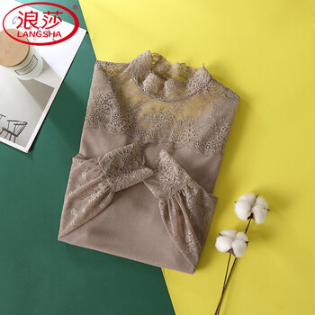 Langsha (langsha) french lace bottoming shirt for women, high-end long-sleeved, fashionable and unique top, designed with mesh stitching inside, khaki color (high quality 1826#) s suitable for a weight of about 95 pounds