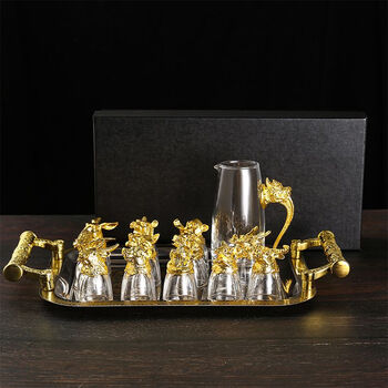 New twelve zodiac small wine glasses for household liquor, one-cup spirits, crystal glass wine dispenser gift box set, small * one pot, twelve cups + gift box (black) + cup and plate