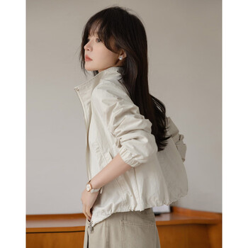 Mt street salt boyfriend style autumn windproof neck guard stand collar fashionable split long sleeve hidden short women's jacket