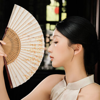 He jiagong mulberry silk ancient style folding fan chinese style cultural creative gift su fan portable fan customized original golden cherry blossom craft fan