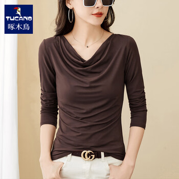 Woodpecker early autumn modal long sleeve t-shirt women's bottoming shirt korean style beautiful shirt slimming pile low collar thin top trendy 167# long sleeve brown s