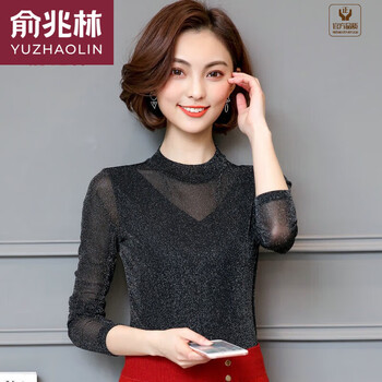 Yu zhaolin (yuzhaolin) half turtleneck bottoming shirt for women in spring and autumn, stylish black inner with bright silk mesh long-sleeved women's tops, lace tops, versatile 6601 black v-shaped silver filigree stand thin section 2xl 115 jin-135 jin