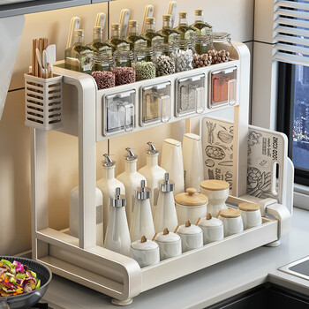 Youqin kitchen condiment storage rack countertop household multi-functional combination salt and oil bottle seasoning box storage shelf milk white three compartments knife holder + hook 4 (picture 2)