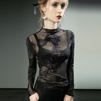 Yalu stand-up collar lace bottoming shirt for women 2025 autumn and winter new national style flocking thin mesh shirt sexy slightly see-through top picture color s 85-95 catties