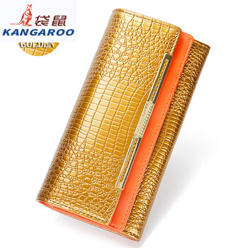 Kangaroo (kangaroo) women's wallet 2025 new long genuine leather cowhide high-end exquisite wallet wallet multi-card slot large capacity zipper coffee gold + orange crocodile pattern