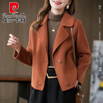 Pierre cardin high-end woolen coat women's fashion short style small mom looks slim 2025 spring and autumn new camel woolen coat caramel color m recommended 95-105 catties