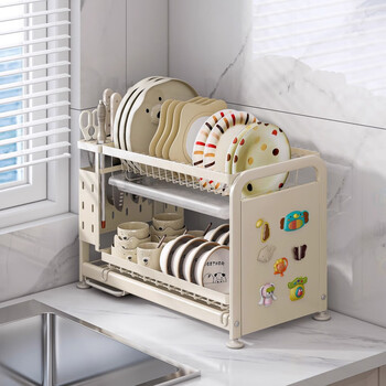 Mingyu xincheng kitchen dish storage rack drain bowl rack countertop function knife rest chopsticks bowl plate storage rack milk white double layer 41cm with drainage tray no accessories