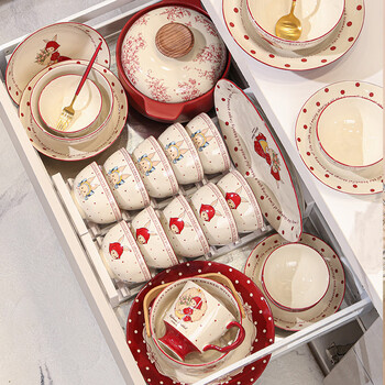 Baishuo tableware set, complete set of bowls and plates, chinese cartoon ceramic bowls and chopsticks, engagement and housewarming gift, 6-person meal with soup bowl, 26-piece set, shipped from jingdezhen, gift box packaging