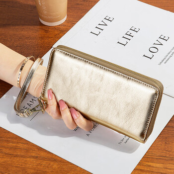 Sephoron pure cowhide gold long zipper hand wallet 2026 new genuine leather multi-slot banknote holder for mobile phone gold-with leather wrist strap gift box
