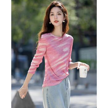 Demana sfumato print summer lightweight art bottoming shirt round neck slightly elastic covering small women's t-shirt