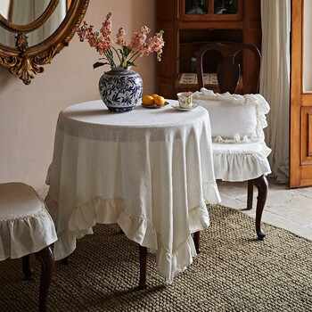 French tablecloth pure linen fabric art american retro round table coffee table tablecloth white ruffled ins style milky white 140*200 square tablecloth