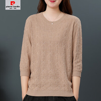Pierre cardin 2025 spring and autumn thin round neck mid-sleeve sweater women's middle-aged mom top loose straight fashion bottoming shirt for women apricot color 9909 style m recommended 110-120 catties