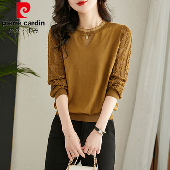 Pierre cardin knitted inner bottoming shirt for women autumn and winter 2025 new short shirt top age-reducing modern style lace long-sleeved t-shirt ginger m 90-105 pounds