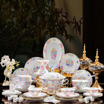 Jilechi 2025 new product jingdezhen underglaze colored ceramics exquisite tableware set household dishes and plates moving to a new home gift 10 people food splendid flowers 58 heads
