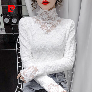 Pierre cardin western-style turtleneck lace bottoming shirt for women, autumn and winter, korean version, slim-fitting inner top, plus velvet and thickened, western-style shirt, white, plus velvet, thickened s