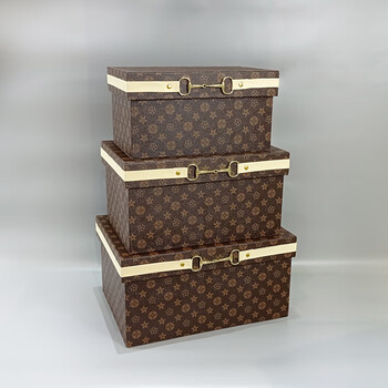 Customized off-white leather bedroom home cabinet top large cloakroom model room dark coffee decoration box woven storage box donkey pattern with off-white belt metal buckle complete set (large, medium and small)