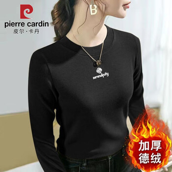 Pierre cardin 2025 autumn and winter new thickened german velvet temperament fashionable bottoming shirt for women slim solid color versatile round neck long-sleeved top fe-193 black m recommended 85-100 pounds