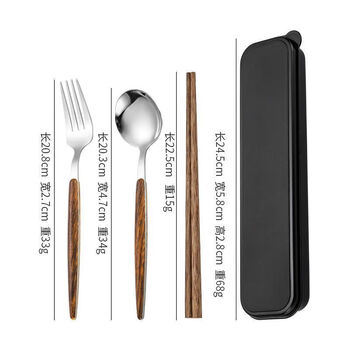 Baichao stainless steel portable tableware chopsticks spoon set student office workers chopsticks spoon fork three-piece set wood quality silver round spoon spoon + chopsticks (storage box included)