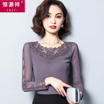 Hengyuanxiang regular round neck lace bottoming shirt women's lace plus velvet long sleeve spring autumn winter mesh mother's t-shirt top women taro color spring autumn thin l 95-105