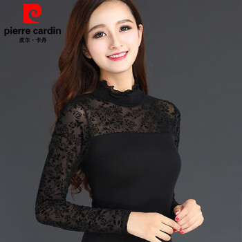 Pierre cardin thin/fleet fungus collar mesh bottoming shirt long sleeve 2025 autumn and winter new lace slim t-shirt large d size small rose picture color thin section 2xl 126-135 jin