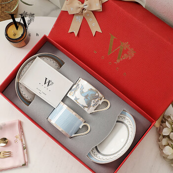 Wooch blues fantasy coffee cup and saucer gift box set exquisite couple cup wedding gift housewarming birthday blues fantasy coffee cup and saucer - blue phoenix + blue wheat + red box
