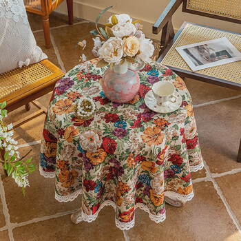 Yusenyi retro tablecloth high-end round dining table tablecloth table cover thickened cotton yarn texture coffee table american peony + cotton edge 150*220