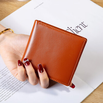 Sephoron pure cow leather bi-fold short wallet double banknote slot wallet unisex ultra-thin genuine leather driver's license coin purse golden brown-vegetable tanned first layer cow leather