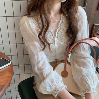 Ono seven days french style gentle v-neck chiffon lace shirt for women sweet and chic fashion long-sleeved super fairy shirt top m