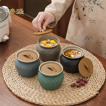 Bangsheng ceramic earthen pot water-proof stew pot household high-end steamed egg stew pot with lid soup pot for one person snack stewing soup cup fengdeng grain stew pot (zen black) 400ml